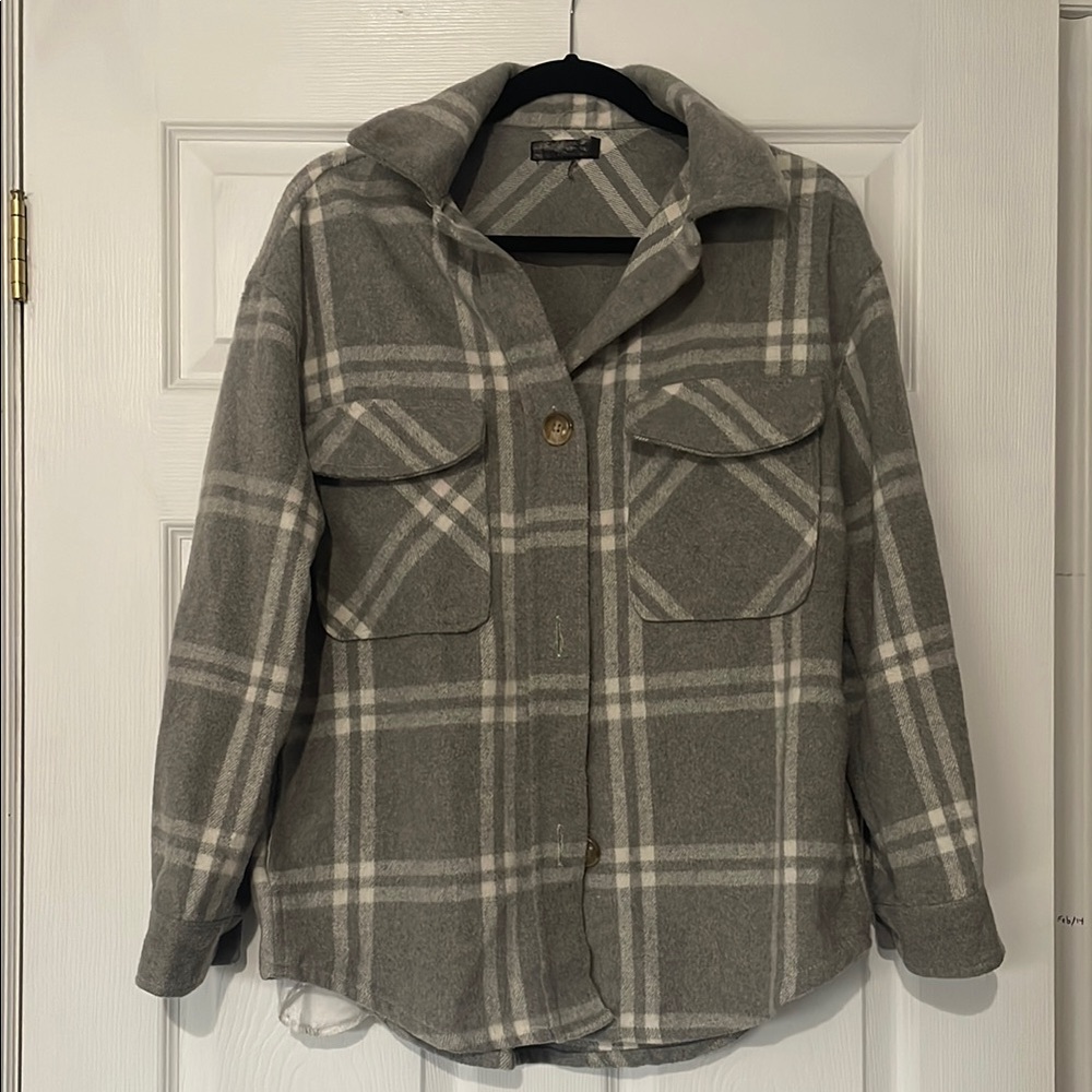 Gray Plaid Shacket Jacket - Women